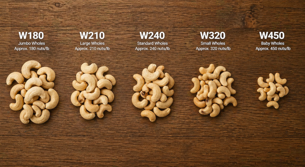 cashew nut grades WW240 WW320 whole vs broken kernels