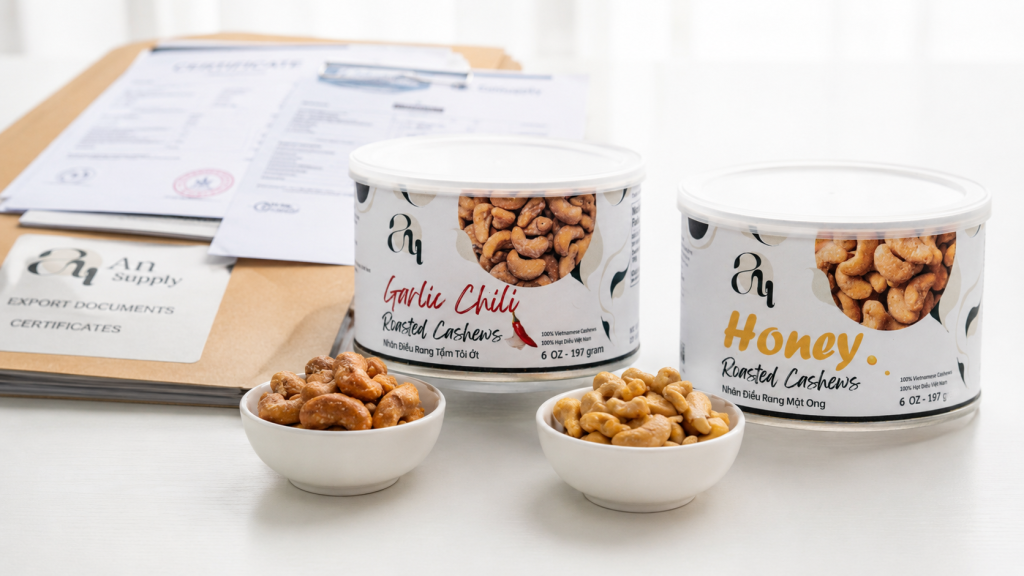 An Supply Garlic Chili and Honey Roasted Cashews with product samples and export documents for organic certificate verification
