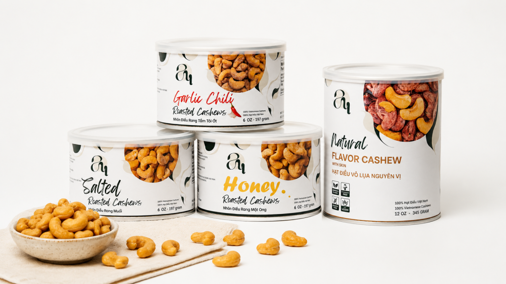 An Supply roasted cashew products with assorted flavors displayed with real cashews on a clean white background.